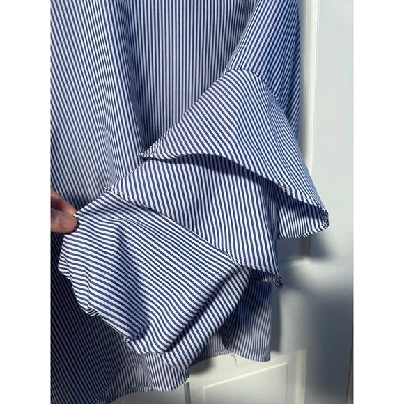 Mello Day Blue White Striped Mock Neck Tiered Ruffle Bell Sleeve Top XL - Picture 5 of 7